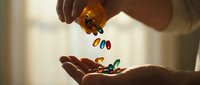 Close-up of hands pouring colorful vitamin capsules and supplements from amber bottle into palm, healthcare and wellness concept for medical and nutritional content.