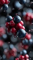 Fresh blueberries and cranberries with water drops floating in dark space. Macro shot of mixed berries with droplets creating dynamic composition.