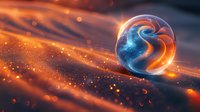 Magical glowing sphere with swirling orange and blue energy streams against dark background with light particles and bokeh effects creates mystical atmosphere.
