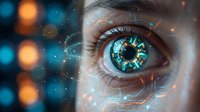 Close-up of human eye with glowing digital overlay and circuit patterns, representing artificial intelligence, data analysis, technology vision and futuristic innovation.
