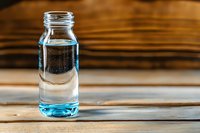 Clear glass bottle with blue tinted water on rustic wooden surface, shallow depth of field creates soft background blur, minimalist composition for wellness concept.