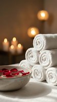 Luxury spa setting with rolled white towels and rose petals in bowl with warm candlelight creating relaxing wellness atmosphere for massage therapy treatments.
