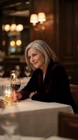 Elegant mature Caucasian woman enjoying red wine at upscale restaurant table with warm ambient lighting for dining and hospitality concepts.