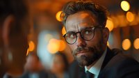 Confident businessman with beard and glasses in evening setting with warm bokeh lights. Professional portrait showing contemplative expression and modern style.