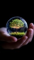 Glowing tree inside crystal ball held in palm against dark background, magical nature concept with green foliage and mystical light effect creating ethereal atmosphere.