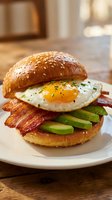 Gourmet breakfast sandwich with fried egg, crispy bacon and fresh avocado on sesame seed bun served on white plate in warm kitchen setting.