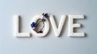 White textured letters spelling LOVE decorated with delicate blue flowers on light background, creating romantic minimalist wall art composition.