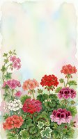 Watercolor geranium flowers border with soft pastel background for spring garden designs and botanical decorations.