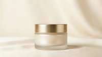 Luxury skincare cream jar with golden lid on neutral beige background with soft shadows for cosmetic product photography and beauty branding materials.