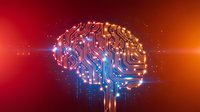 Digital brain made of glowing circuit board patterns with electronic connections on vibrant red orange gradient background for AI technology concepts.