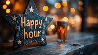 Decorative blue star sign with glowing happy hour text against blurred bar background with beer glass and warm bokeh lights creating cozy atmosphere.