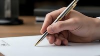 Close-up of hand holding elegant gold pen writing on white paper at wooden desk, business professional workspace for contracts and documents.