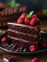 Rich chocolate layer cake slice with dark ganache frosting and fresh raspberries on black plate, garnished with mint leaves and chocolate chips on wooden surface.