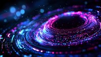 Vibrant cosmic swirl with glowing pink and blue particles creating a spiral formation against dark background, representing digital technology or space concept.