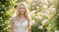 Young blonde woman in white lace dress standing among blooming rose garden during golden hour sunlight for wedding, romance and lifestyle photography.