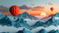 Scenic mountain landscape with red hot air balloons floating over misty peaks at sunset, perfect for travel agency promotion or adventure tourism marketing materials.