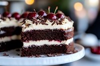 Decadent chocolate layer cake with fresh cherries and cream frosting, garnished with chocolate shavings and whole cherries on marble serving plate.