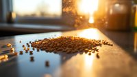 Roasted coffee beans scattered on reflective surface with golden sunlight streaming through window, creating warm atmospheric morning ambiance.
