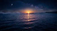 Stunning ocean sunset with golden sun reflecting on calm water surface under starry night sky with Milky Way galaxy visible above horizon creating magical seascape.