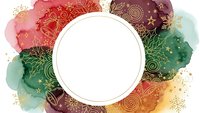 Watercolor Christmas wreath frame with gold foil decorative elements and white circle space for text on transparent background ready for holiday designs.