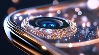 Macro shot of smartphone camera lens with rose gold metallic frame and bokeh lights, showcasing premium technology details and luxury electronics design elements.
