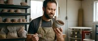 Male baker with dark beard and olive skin tone wearing apron, holding fresh bread loaves in artisan bakery kitchen with shelves and natural lighting.