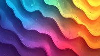 Vibrant diagonal waves in rainbow colors with glowing particles create dynamic abstract background with gradient from purple to orange and yellow tones.