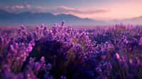 Vibrant purple lavender field at sunset with mountain silhouettes in background, creating dreamy atmosphere for nature and landscape photography.