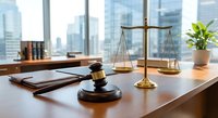 Professional law office desk with golden scales of justice, wooden gavel, legal documents and city skyline view through windows for legal services branding.