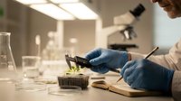 Scientist in blue gloves examining plant seedlings with tweezers in modern laboratory for botanical research and agricultural development studies.