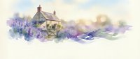 Watercolor cottage surrounded by purple lavender fields in soft pastel tones. Rustic countryside home with chimney and fence creates peaceful rural scene.