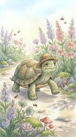 Cute cartoon turtle wearing straw hat walking through colorful flower garden with bees, mushrooms and lavender in watercolor style for children's books.