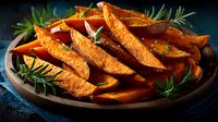 Crispy baked sweet potato wedges with fresh rosemary herbs on rustic wooden plate, healthy side dish for restaurant menu and home cooking recipes.