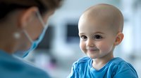 Young bald patient in blue hospital gown smiling at medical professional wearing mask, representing pediatric oncology care and childhood cancer awareness.