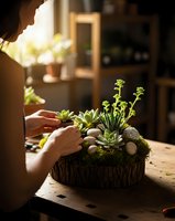 Woman arranging succulent plants in decorative wicker basket with moss and stones on wooden table in warm sunlit room for home gardening project.