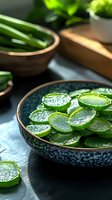 Fresh sliced cucumber with water drops in ceramic bowl on dark background, macro food photography with selective focus and natural lighting.