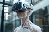 Anatomical mannequin wearing virtual reality headset in modern space, showcasing technology integration with human physiology.