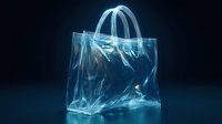 Glowing translucent shopping bag floating in dark space with ethereal blue light effects, creating modern minimalist composition for retail and fashion concepts.