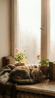 Tabby cat sleeping curled up on a cozy windowsill with geranium plants and books on a rainy day, warm hygge home atmosphere.
