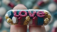 Pink love text on transparent medical capsule filled with golden hearts and white pills against blurred pharmacy background, romantic healthcare concept.