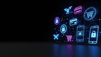 Digital commerce icons floating with neon glow effects on dark background. Online shopping, security, payment and e-commerce technology concept.