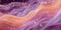 Flowing waves of purple and peach colors with sparkling light particles creating an ethereal abstract background for luxury designs.
