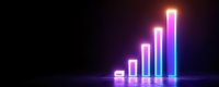 Glowing neon bar graph showing upward trend with purple and pink light effects on dark background, modern business analytics visualization concept.