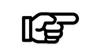Pointing hand icon with bold black outline on white background, indicating direction or instruction for navigation, guides, or informational materials.