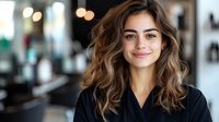 Young brunette woman with wavy hair and natural makeup smiling warmly at camera while wearing black top, blurred cafe interior background creates professional atmosphere.