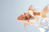 Orange and white goldfish swimming gracefully in clear water against light background, displaying flowing fins and detailed scales in soft lighting.