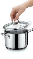 Hand lifting glass lid off stainless steel cooking pot with handles on white background for kitchen and culinary use.