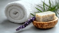 Handmade natural soap with lavender herbs in wooden bowl beside rolled white towel for spa relaxation and skincare routine.