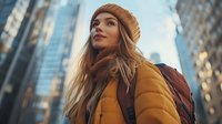 Young Caucasian woman in orange winter jacket and knit beanie exploring urban city street with backpack, looking up optimistically at tall buildings.