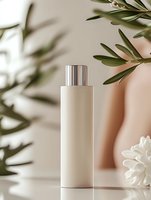 Luxury beige cosmetic bottle with silver cap surrounded by olive branches and white flowers on neutral background for skincare and beauty products.